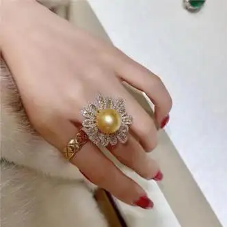 埃沃琪正圆大颗粒南洋浓金色珍珠戒指银吊坠宴会款黄钻手饰女金珍珠