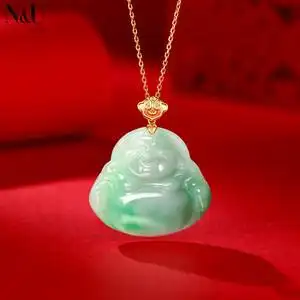 天然a货翡翠18k金佛公吊坠 阳绿飘花大肚弥勒佛挂件 笑玉佛项链女