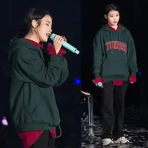 iu李智恩明星同款演唱会绿色宽松字母刺绣套头连帽加绒卫衣外套女