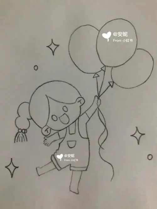 气球庆祝61儿童节简笔画简单漂亮儿童节简笔画开心的小女孩小朋友们