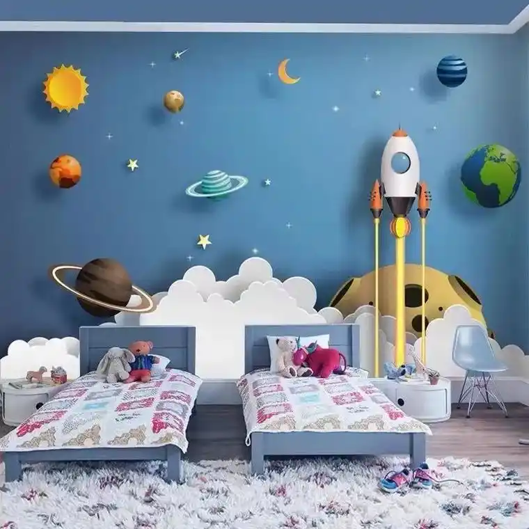3d背景墙壁画环保儿童房太空星球卡通墙布.男孩卧室床头壁纸壁 - 抖音