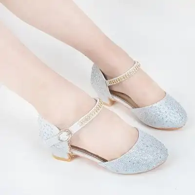 公主女童高跟鞋小孩细跟闪钻水晶鞋中小学生舞台演出搭配连衣裙皮鞋