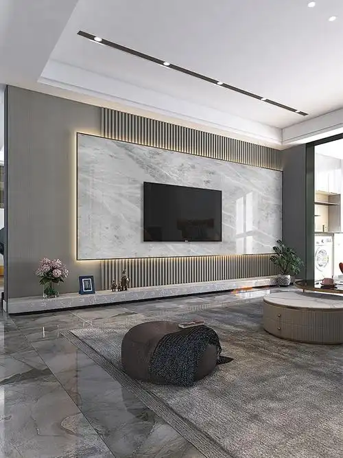 现代简约大理石电视背景墙岩板瓷砖轻奢客厅悬空实木瓷砖背景墙