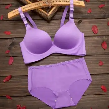 1一片式无痕无钢圈文胸冰丝三角内裤套装收副乳聚拢内衣短裤套装 紫色