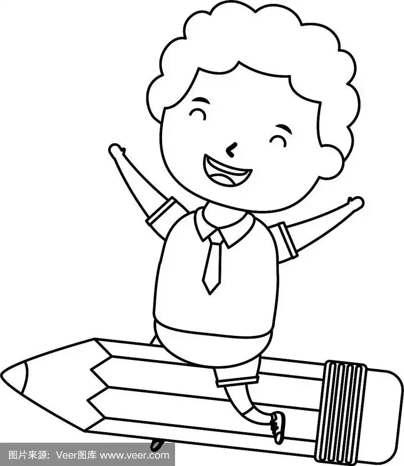 可爱的小学生男孩坐在铅笔