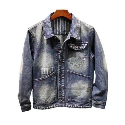 条纹拼接夹克男秋冬新款宽松休闲牛仔外套男士品质轻奢上衣