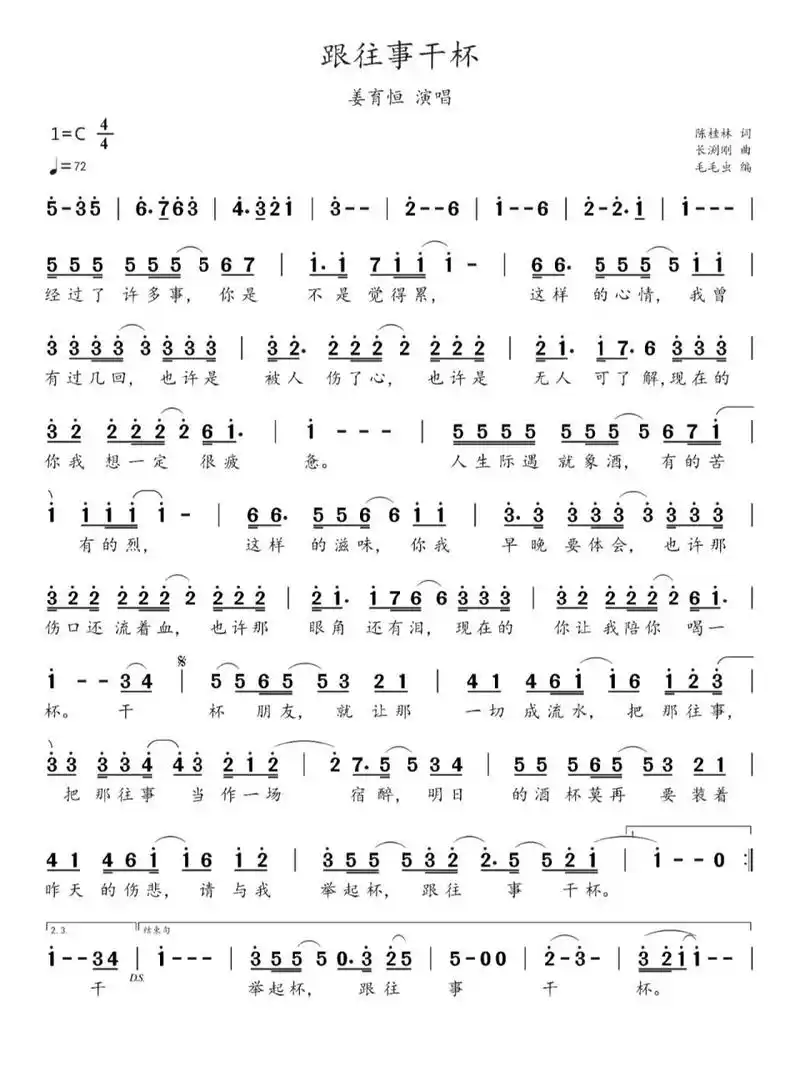 简谱:《跟往事干杯》-姜育恒演唱 《跟往事干杯》是姜育恒演唱歌曲,由