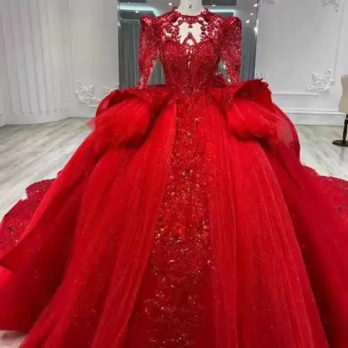 红色主婚纱礼服2023新款新娘大拖尾2024重工复古风高级小个子长袖