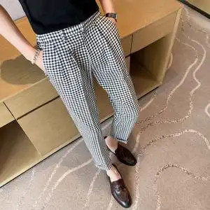 夏季薄款格子西裤男垂感坠感九分裤千鸟格休闲裤2022新款裤子潮流