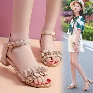 女童凉鞋2021夏季新款小女孩高跟鞋软底儿童黑色花朵小学生公主鞋