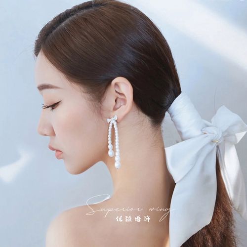 优颖新娘2021年简约丝带编发低马尾造型白色发带绑发法式气质头饰