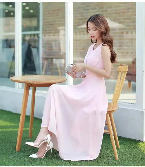 歌谜a新款女装连衣裙长裙雪纺2016夏装修身气质女装波西米亚沙滩裙子