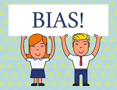 图片倾向或偏见一个示范组两个微笑的人举着大空白海报板在头顶上双手