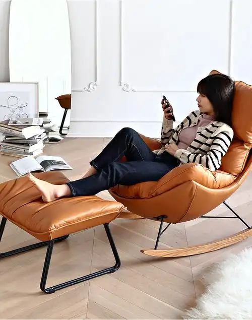 北欧牛皮摇椅躺椅客厅阳台小户型单人沙发椅家用大人休闲椅豪华椅橙色