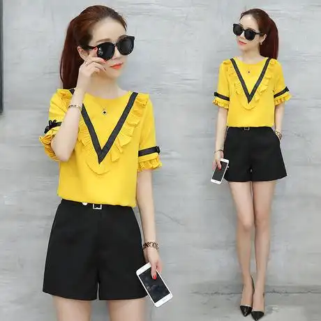 时尚套装女装夏装2017新款潮韩版修身气质短袖雪纺休闲两件套短裤