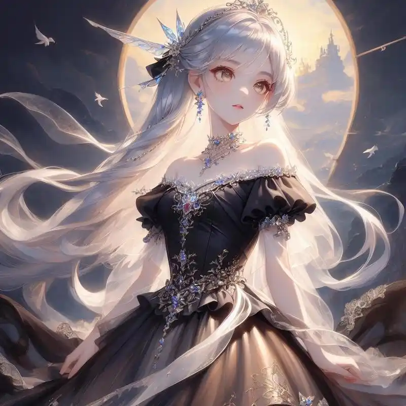 动漫头像|白发黑裙美少女 唯美光晕 上半身