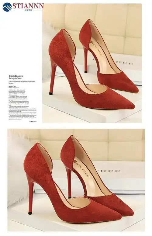st斯汀轻奢品牌高跟鞋女欧美风简约细跟超高跟绒面浅口尖头性感夜店