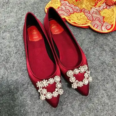 平底红色新娘上轿结婚鞋2021新款水钻女鞋孕妇低跟秀禾服敬酒单鞋