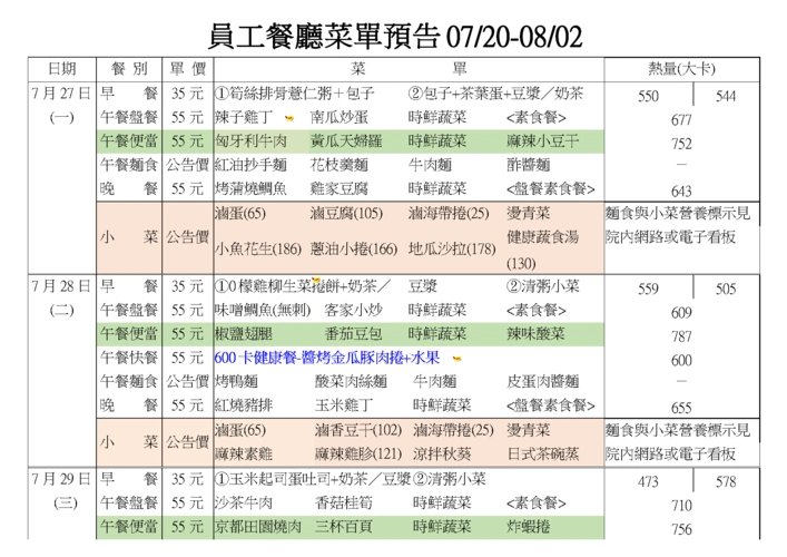 网站首页 海量文档 行业资料 酒店餐饮 员工餐厅菜单预告07/20-08/02