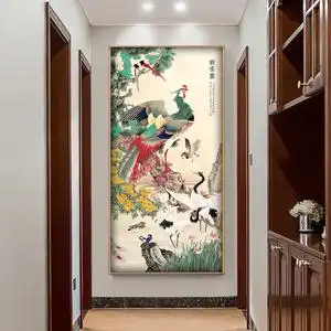 百鸟朝凤图新中式入户玄关过道走廊装饰画竖版招财凤凰图案挂画