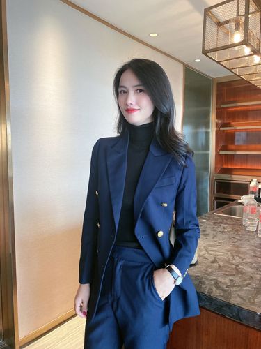 新款藏青色金属扣修身职业西装套装女九分裤