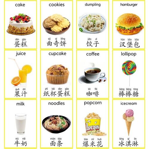 食物food英语单词卡片早教启蒙认知汉字幼儿英文教师闪卡塑封教具