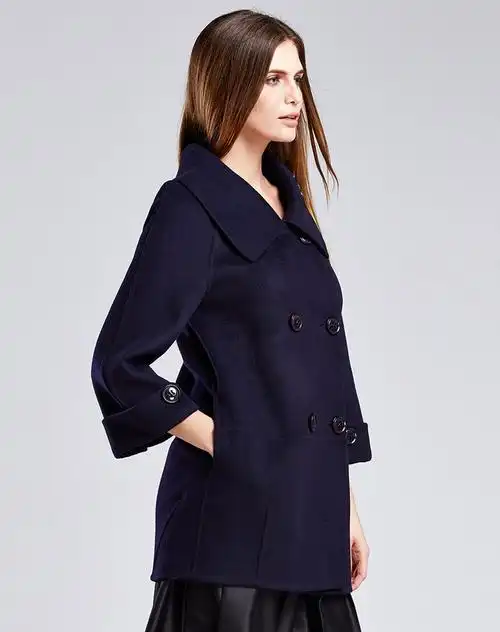 女款深藏青色双排扣双面呢大衣