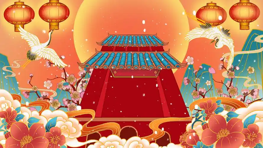 红色喜庆新年国潮建筑仙鹤4k视频背景国潮新年背景