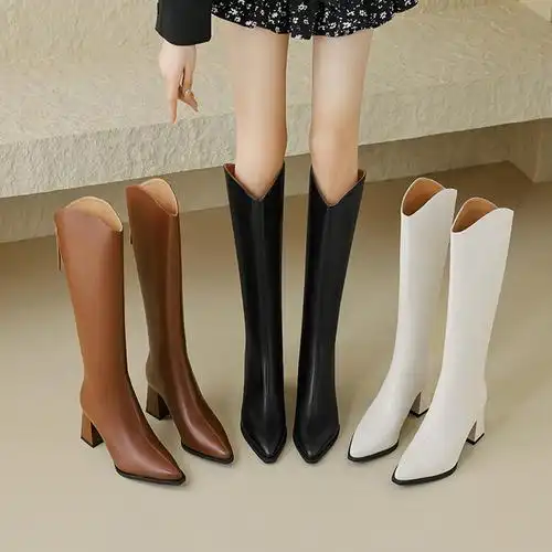 长筒靴2023冬季新款时尚休闲高筒尖头靴子女百搭高跟骑士靴英伦风