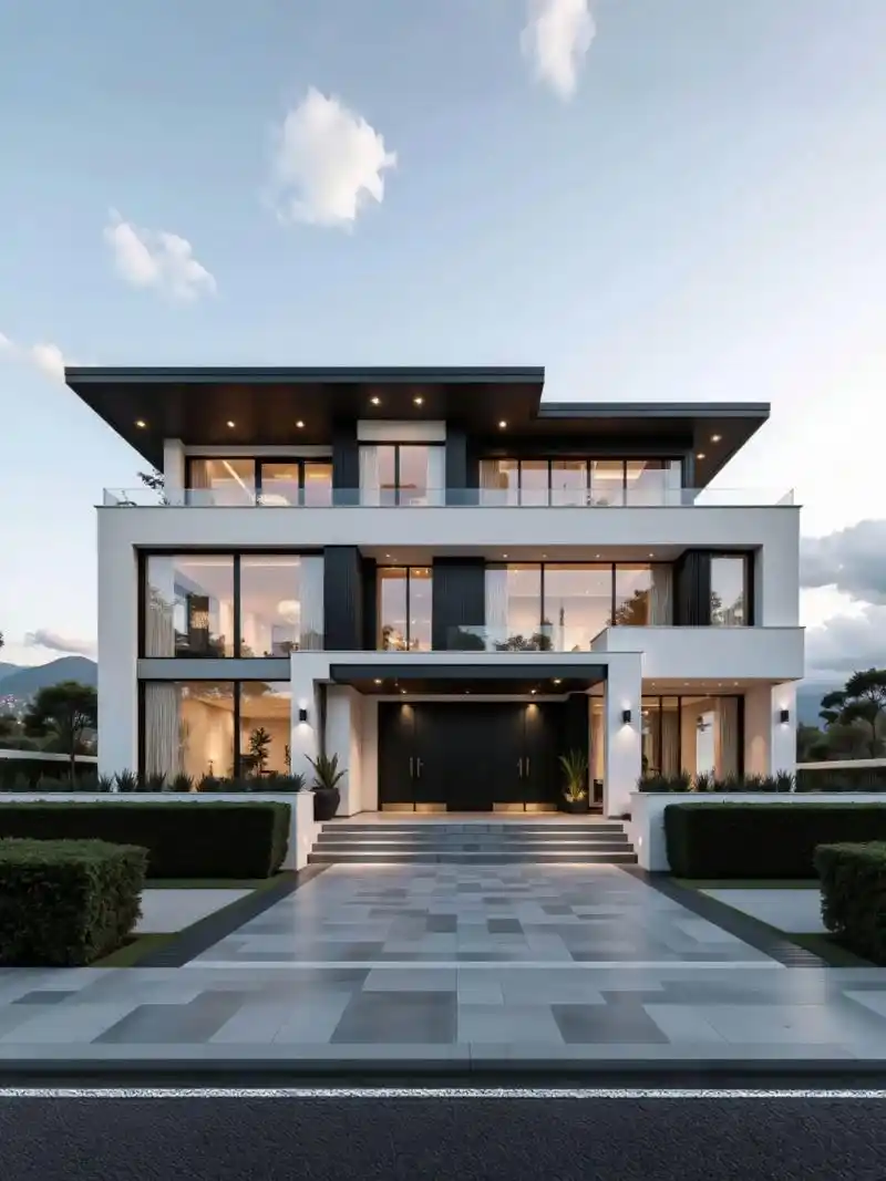 现代风别墅设计案例分享.• 纯白立面 超大玻璃窗 黑色线条