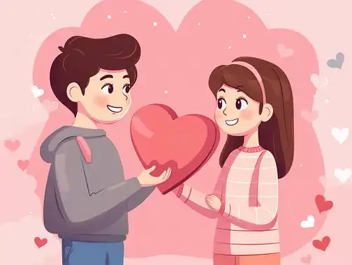 情侣浪漫对视表白甜蜜氛围七夕情人节扁平卡通人物插画粉红爱心礼物