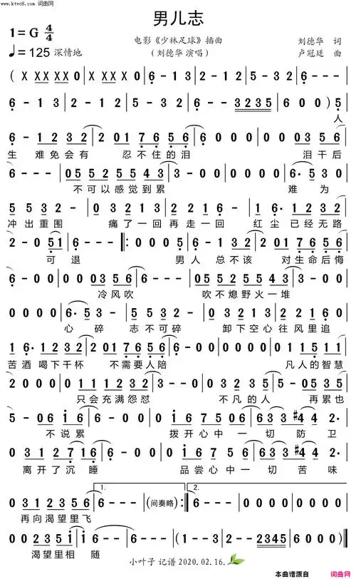 男儿志电影《少林足球》插曲简谱-刘德华演唱-刘德华/卢冠廷词曲1