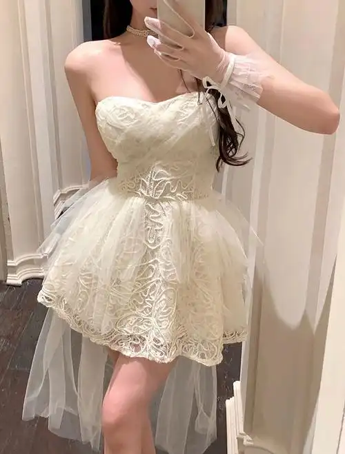 高级感拖尾礼服裙抹胸蕾丝连衣裙女2024春夏季气质收腰蓬蓬裙子 - 17