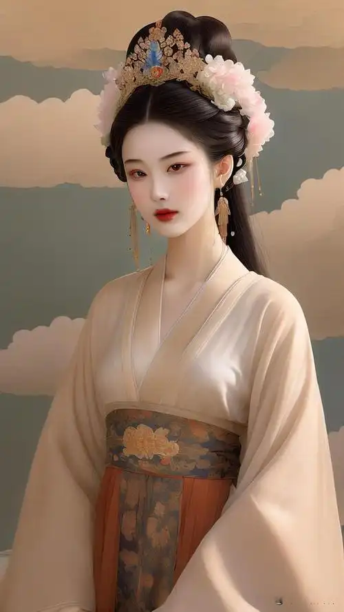 唐朝公主,少女,优雅,美丽,全身像,敦煌飞天风,发髻如云,天仙髻,轻纱