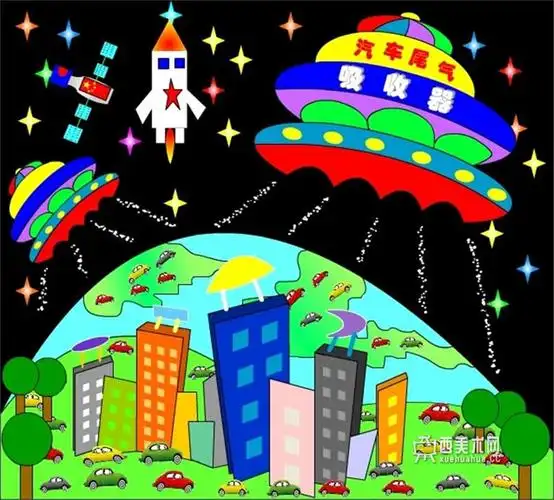 儿童科幻画《汽车尾气吸收器》赏析__科幻画_科幻画图片大全_学画画网