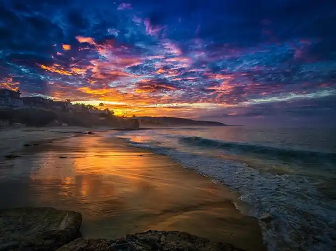 海滩,日落,海,天空,云彩 壁纸