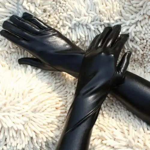 新品漆皮长手套漆皮手套亮红色超长款仿5343过肘无内衬性感 中长43cm