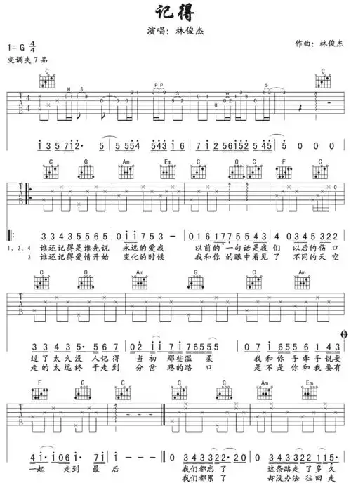 记得吉他谱林俊杰g调_吉他谱_歌词曲谱