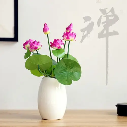 购客中式禅意荷花摆件 假花供花家居客厅装 饰莲花绢花摆花
