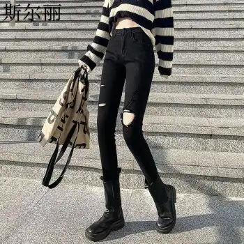 璀典显瘦百搭破洞牛仔裤女潮is高腰黑色破洞小脚牛仔裤女紧身大破洞毛