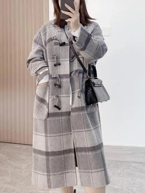 牛角扣双面零羊绒大衣女中长2022年冬季新款连帽格子日系毛呢外套