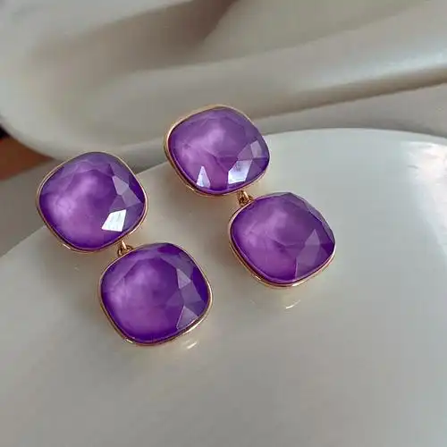 复古港风时髦浓情紫色几何方形闪耀切面水晶镀金925银针耳钉耳环