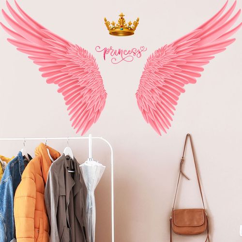 新款粉色翅膀王冠墙贴皇冠女孩卧室儿童房背景装饰墙贴画