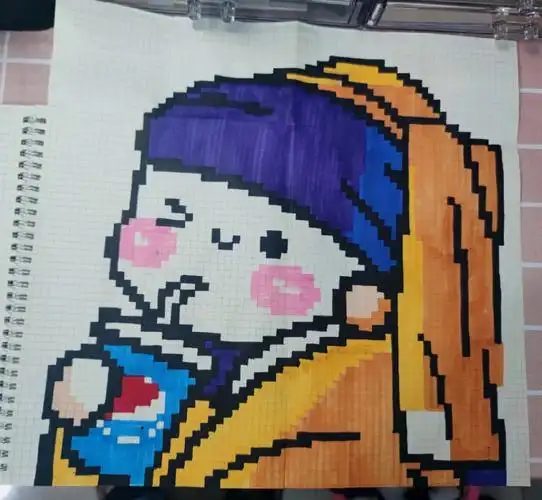 带珍珠耳环的少女网格画像素画