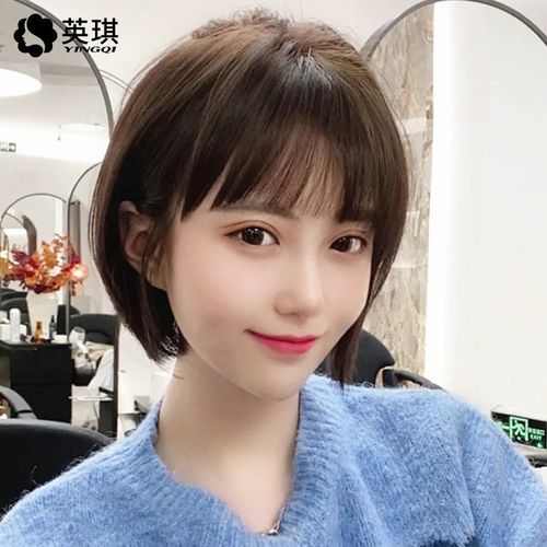 英琪假发女短发空气刘海减龄新款波波头圆脸自然发型全真发全头套