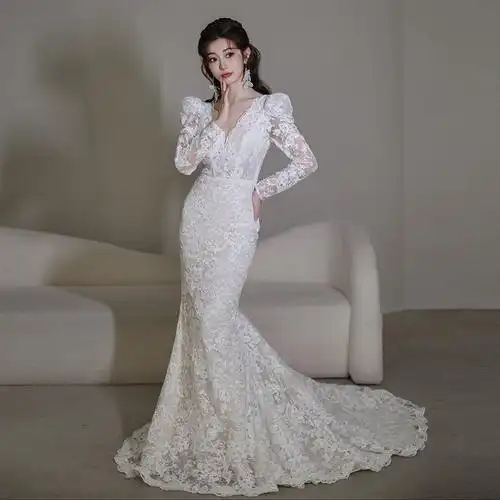 新娘迎宾纱高端鱼尾名媛宴会长袖小拖尾礼服裙蕾丝轻婚纱2023新款