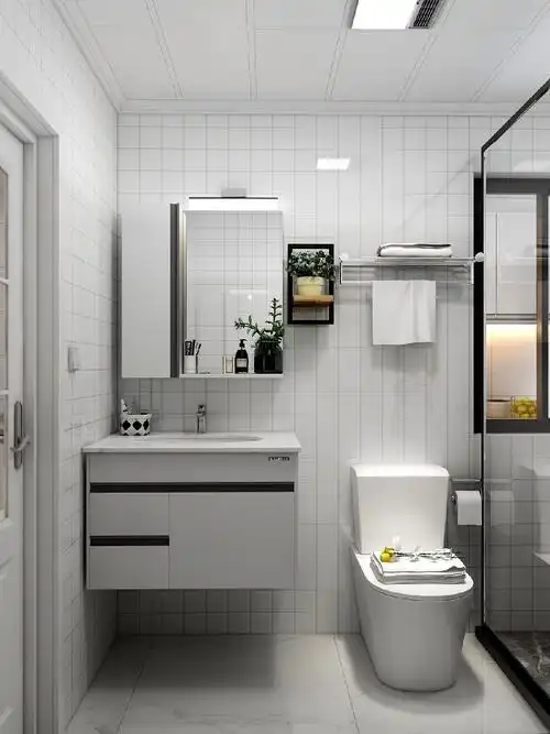 卫生间是以无色搭配为主调,干净舒适,再点缀一些小绿植也能够为卫生间