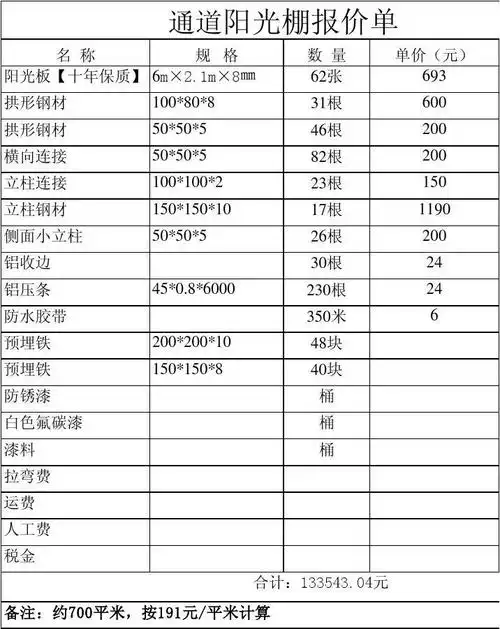 廊坊车库通道阳光棚报价单