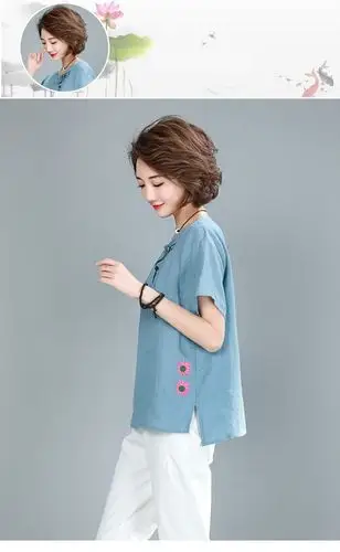 棉麻t恤女短袖宽松大码洋气中年妈妈女装丅恤亚麻上衣麻料小衫潮 藏青