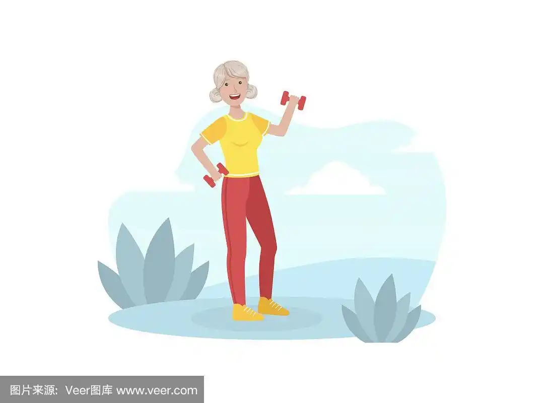 运动的老年妇女wexercise与哑铃,老年人活跃的健康生活方式矢量插图